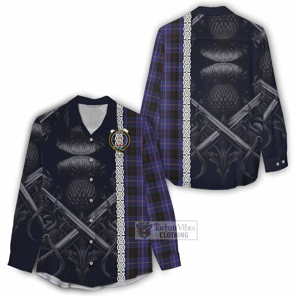 Tartan Vibes Clothing Dunlop Tartan Women's Casual Shirt with Family Crest Cross Sword Thistle Celtic Vibes