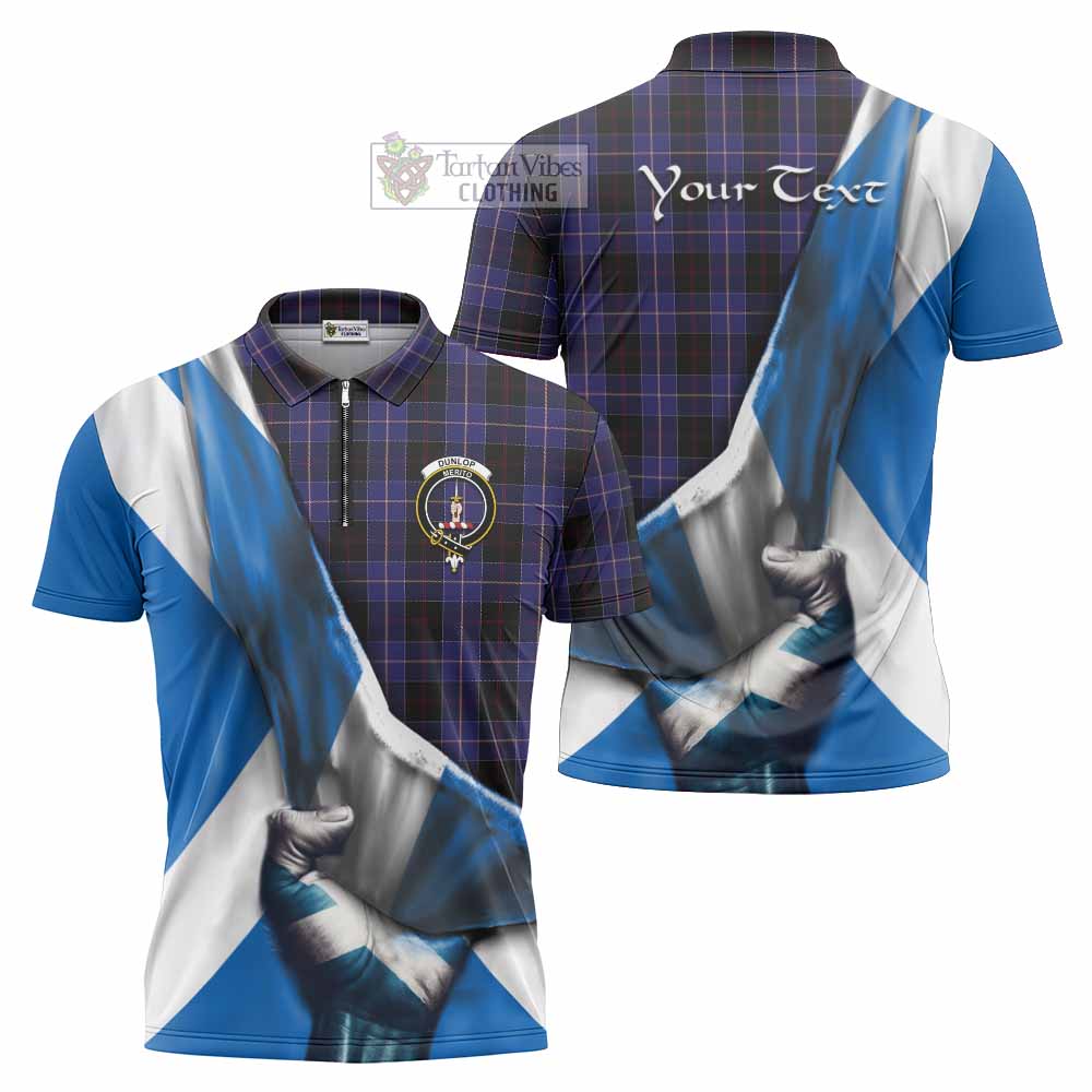 Tartan Vibes Clothing Dunlop Tartan Zipper Polo Shirt with Family Crest Scotland Patriotic Style