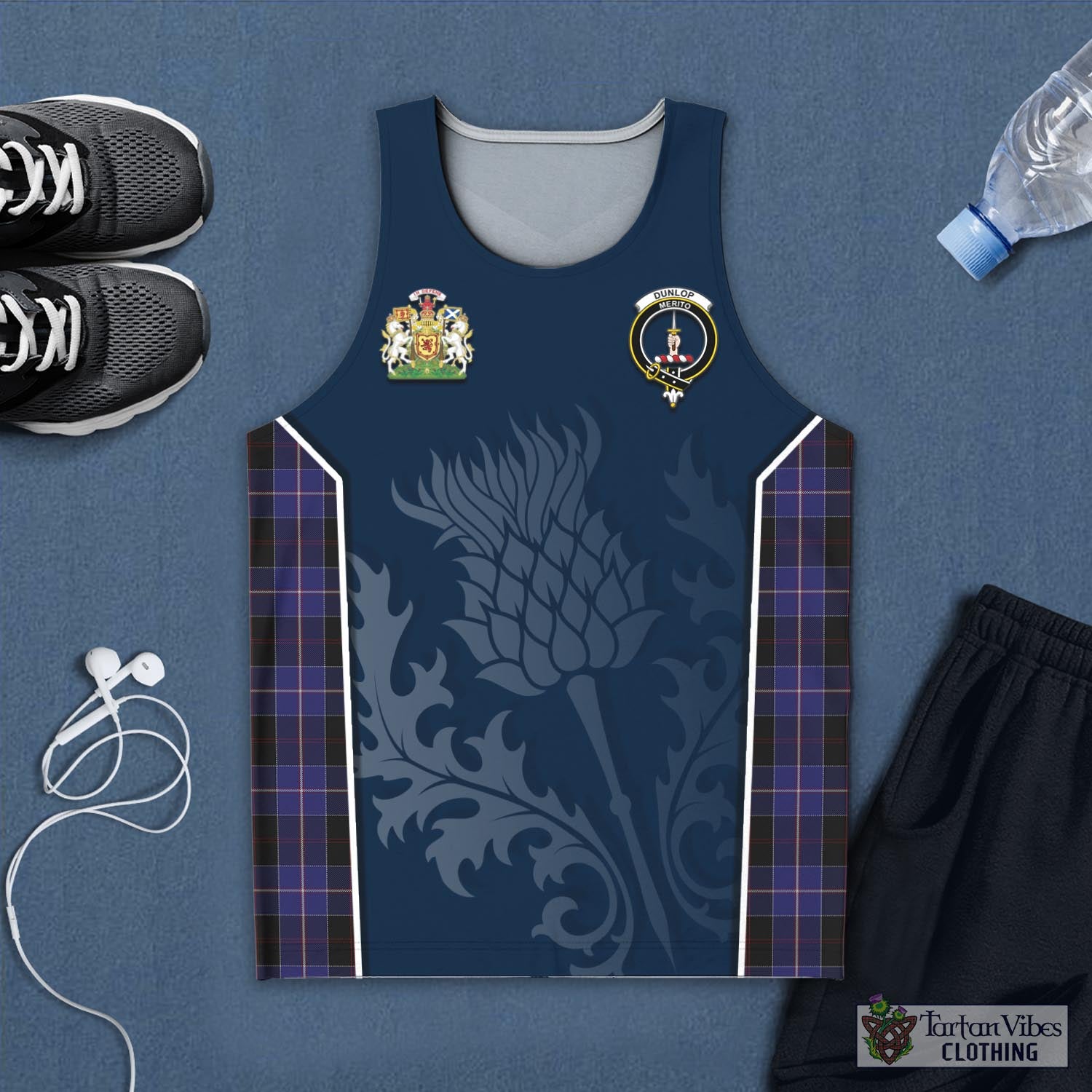 Tartan Vibes Clothing Dunlop Tartan Men's Tanks Top with Family Crest and Scottish Thistle Vibes Sport Style