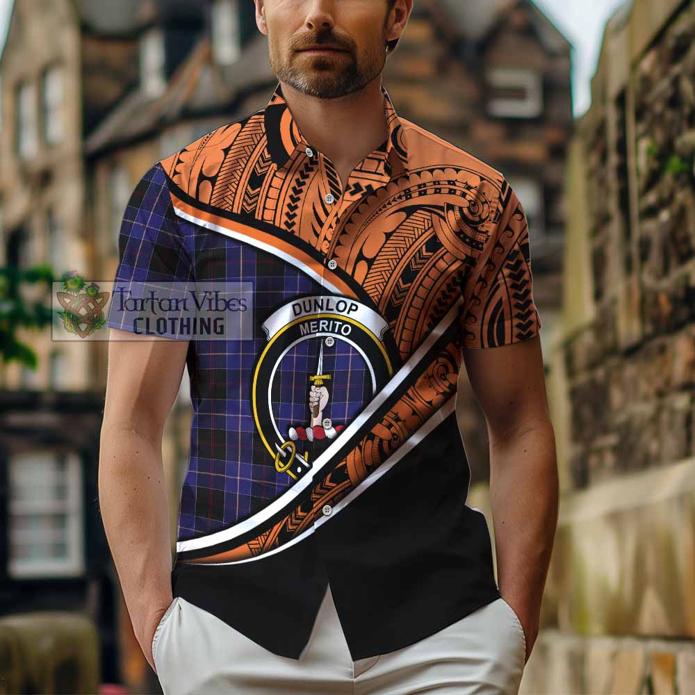 Tartan Vibes Clothing Dunlop Crest Tartan Short Sleeve Button Shirt with Maori Tattoo Style - Orange Version