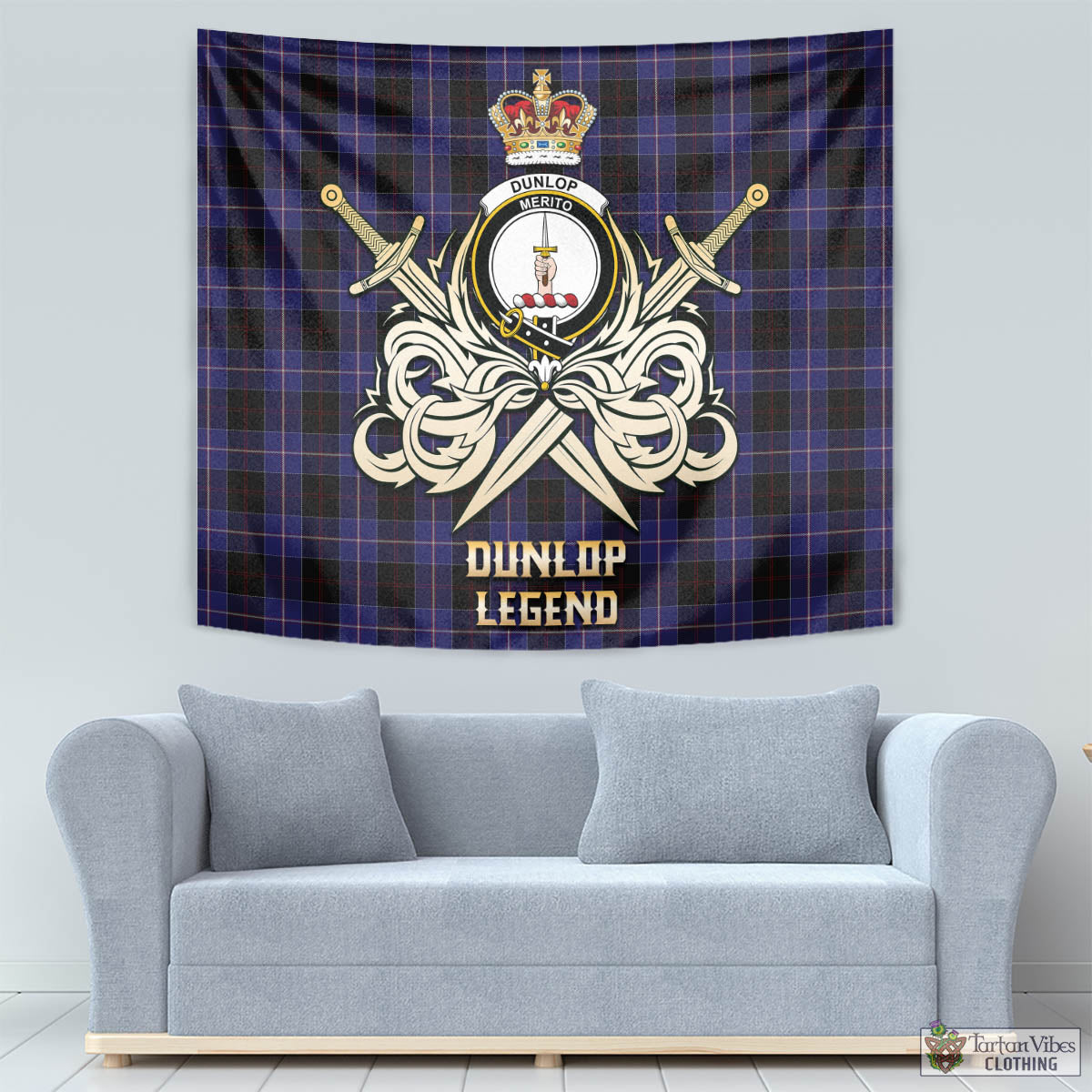 Tartan Vibes Clothing Dunlop Tartan Tapestry with Clan Crest and the Golden Sword of Courageous Legacy