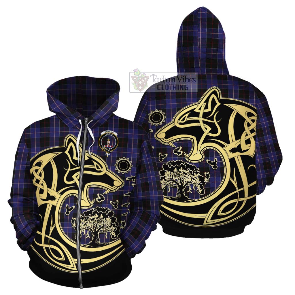 Tartan Vibes Clothing Dunlop Tartan Cotton Hoodie with Family Crest Celtic Wolf Style