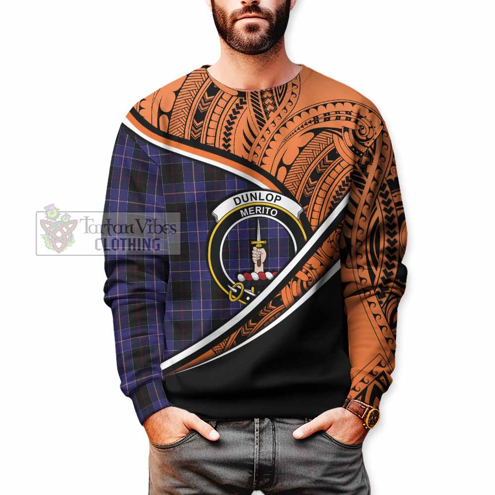 Tartan Vibes Clothing Dunlop Crest Tartan Sweatshirt with Maori Tattoo Style - Orange Version