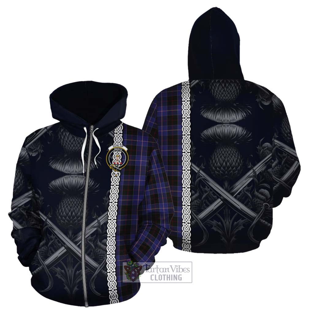 Tartan Vibes Clothing Dunlop Tartan Cotton Hoodie with Family Crest Cross Sword Thistle Celtic Vibes