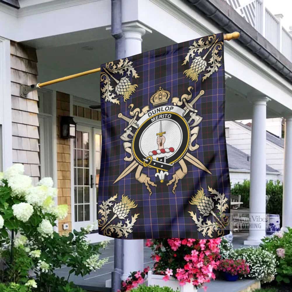 Tartan Vibes Clothing Dunlop Tartan Flag with Family Crest and Golden Thistle Crossed Sword Design