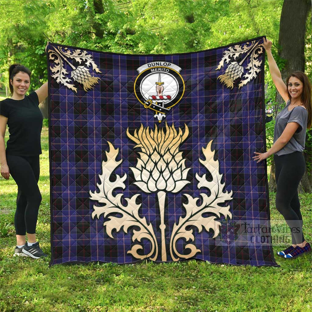 Tartan Vibes Clothing Dunlop Tartan Quilt with Family Crest and Golden Thistle Style