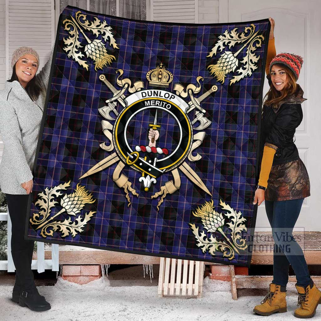 Tartan Vibes Clothing Dunlop Tartan Quilt with Family Crest and Scottish Golden Courage Shield