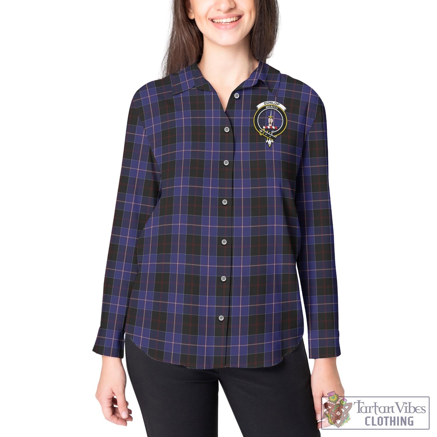 Tartan Vibes Clothing Dunlop Tartan Womens Casual Shirt with Family Crest