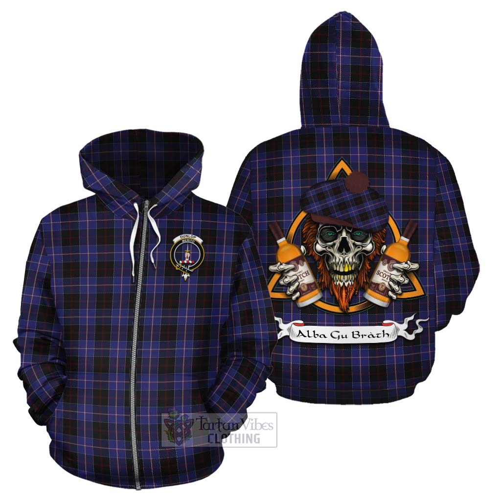 Tartan Vibes Clothing Dunlop Tartan Cotton Hoodie with Family Crest and Bearded Skull Holding Bottles of Whiskey