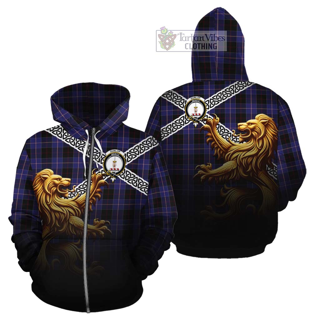 Dunlop Crest Tartan Cotton Hoodie with Golden Lion Emblem Celtic Style Zip Hoodie - Tartan Vibes Clothing