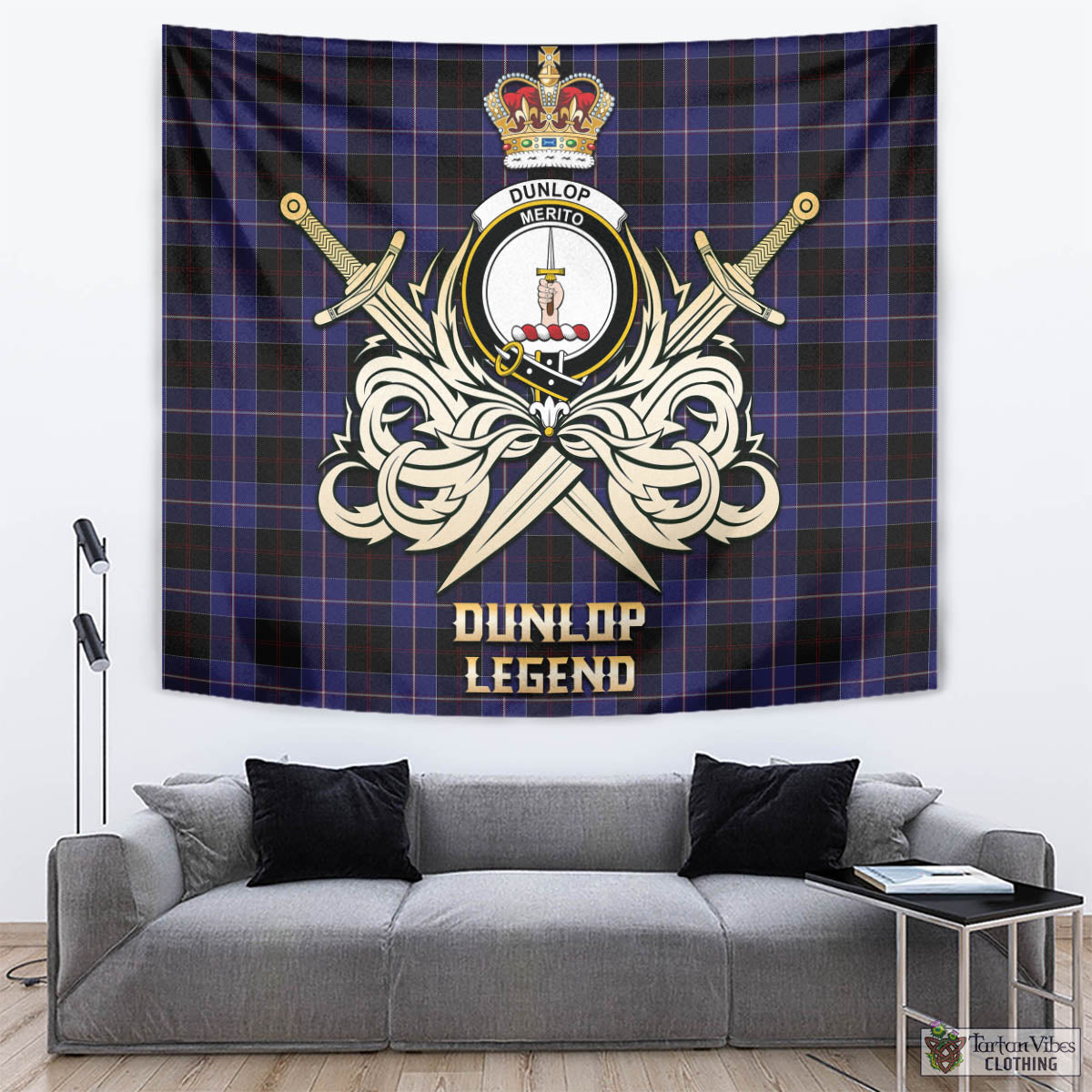 Tartan Vibes Clothing Dunlop Tartan Tapestry with Clan Crest and the Golden Sword of Courageous Legacy