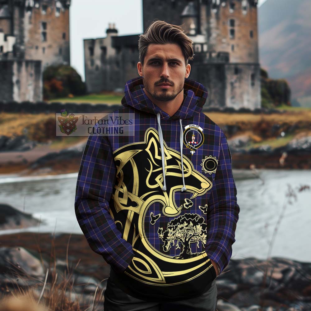 Tartan Vibes Clothing Dunlop Tartan Cotton Hoodie with Family Crest Celtic Wolf Style