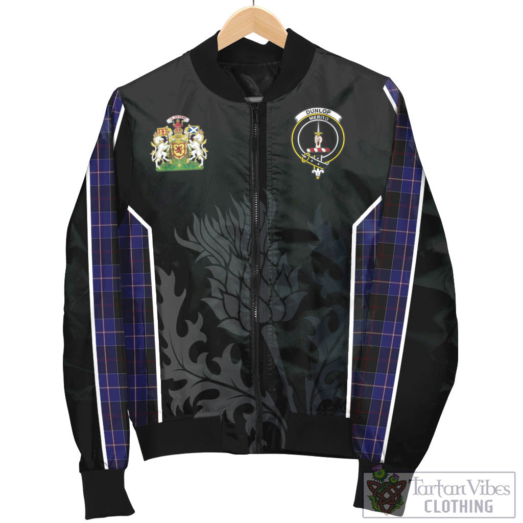 Tartan Vibes Clothing Dunlop Tartan Bomber Jacket with Family Crest and Scottish Thistle Vibes Sport Style