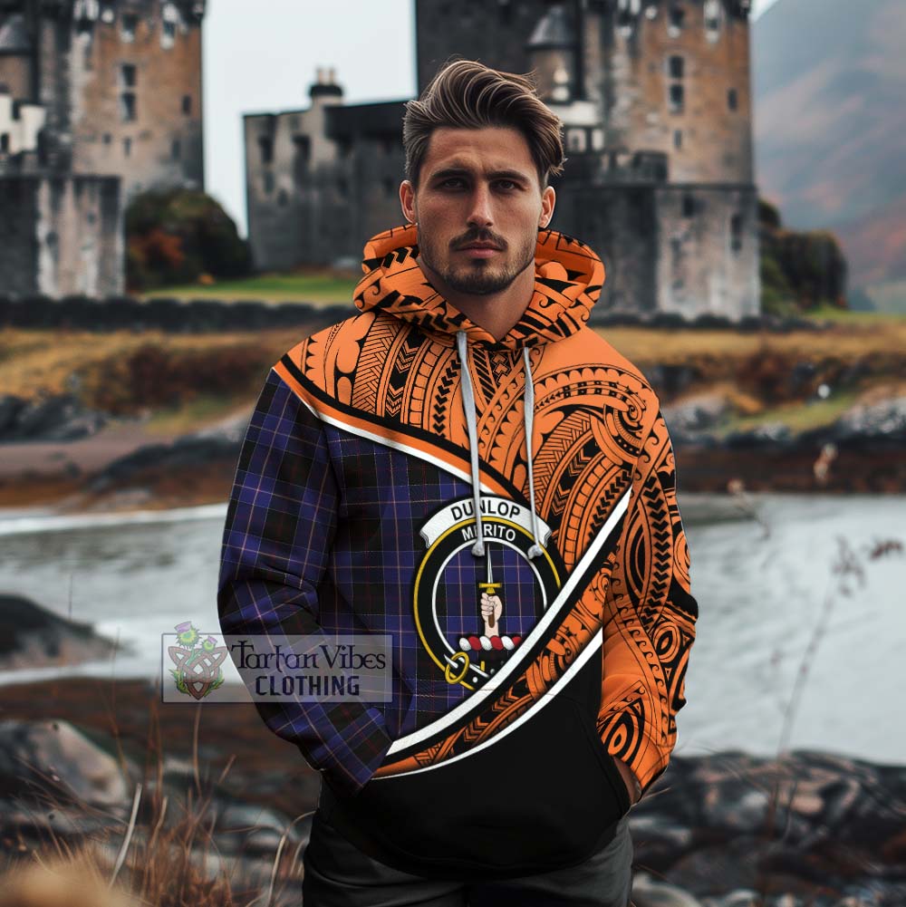 Tartan Vibes Clothing Dunlop Crest Tartan Cotton Hoodie with Maori Tattoo Style - Orange Version