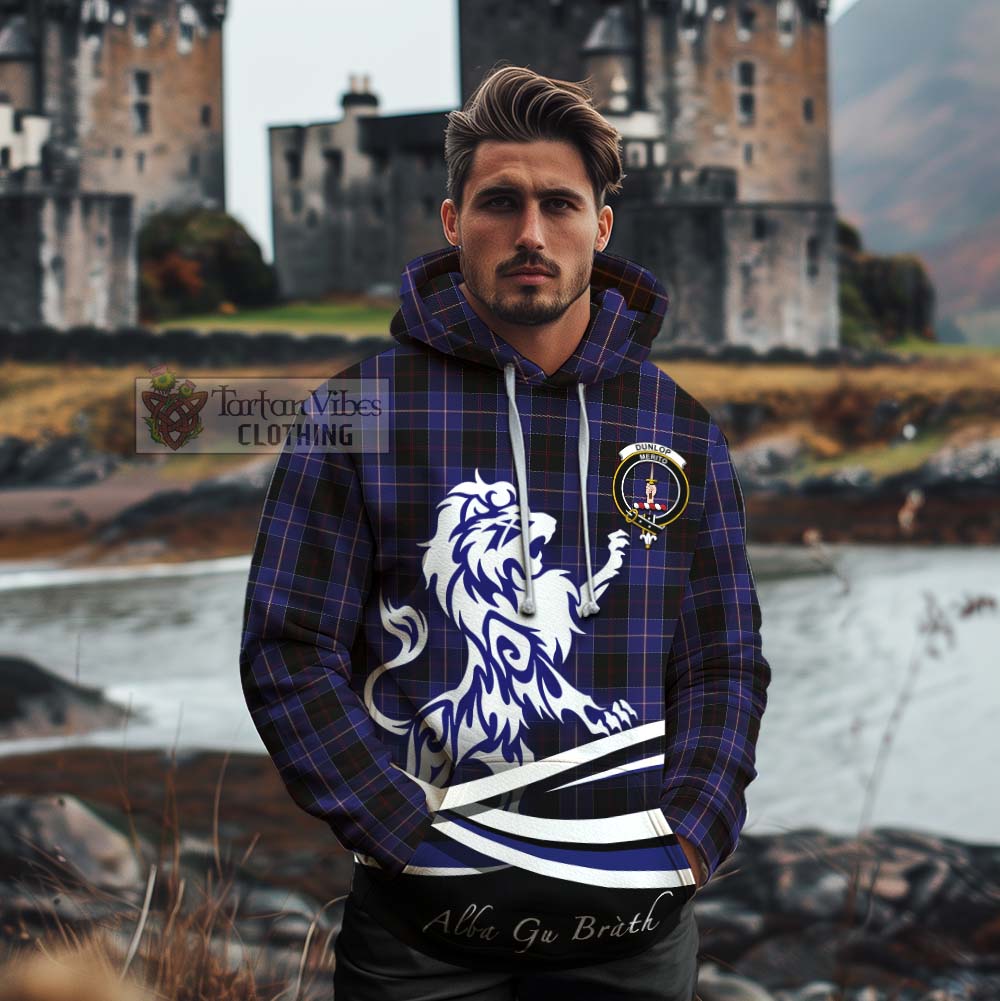 Tartan Vibes Clothing Dunlop Tartan Cotton Hoodie with Alba Gu Brath Regal Lion Emblem