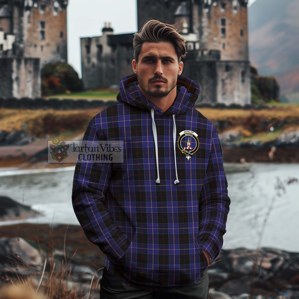 Tartan Vibes Clothing Dunlop Tartan Cotton Hoodie with Family Crest and Bearded Skull Holding Bottles of Whiskey