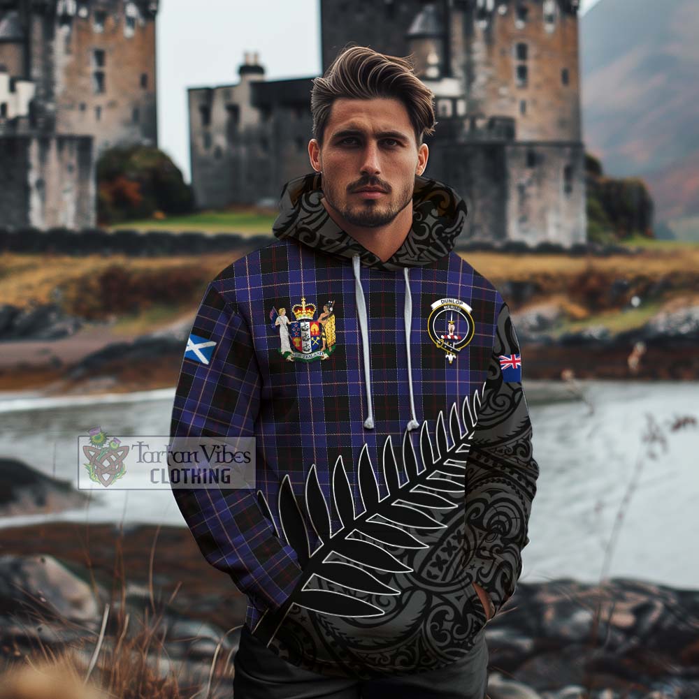 Tartan Vibes Clothing Dunlop Crest Tartan Cotton Hoodie with New Zealand Silver Fern Half Style