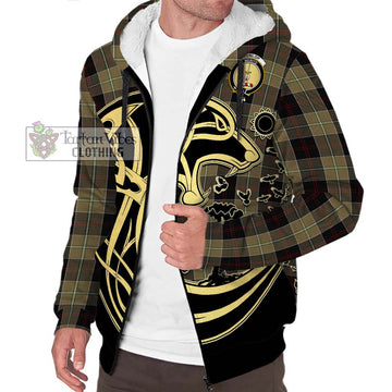 Dunlop Hunting Tartan Sherpa Hoodie with Family Crest Celtic Wolf Style