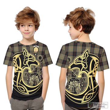 Dunlop Hunting Tartan Kid T-Shirt with Family Crest Celtic Wolf Style