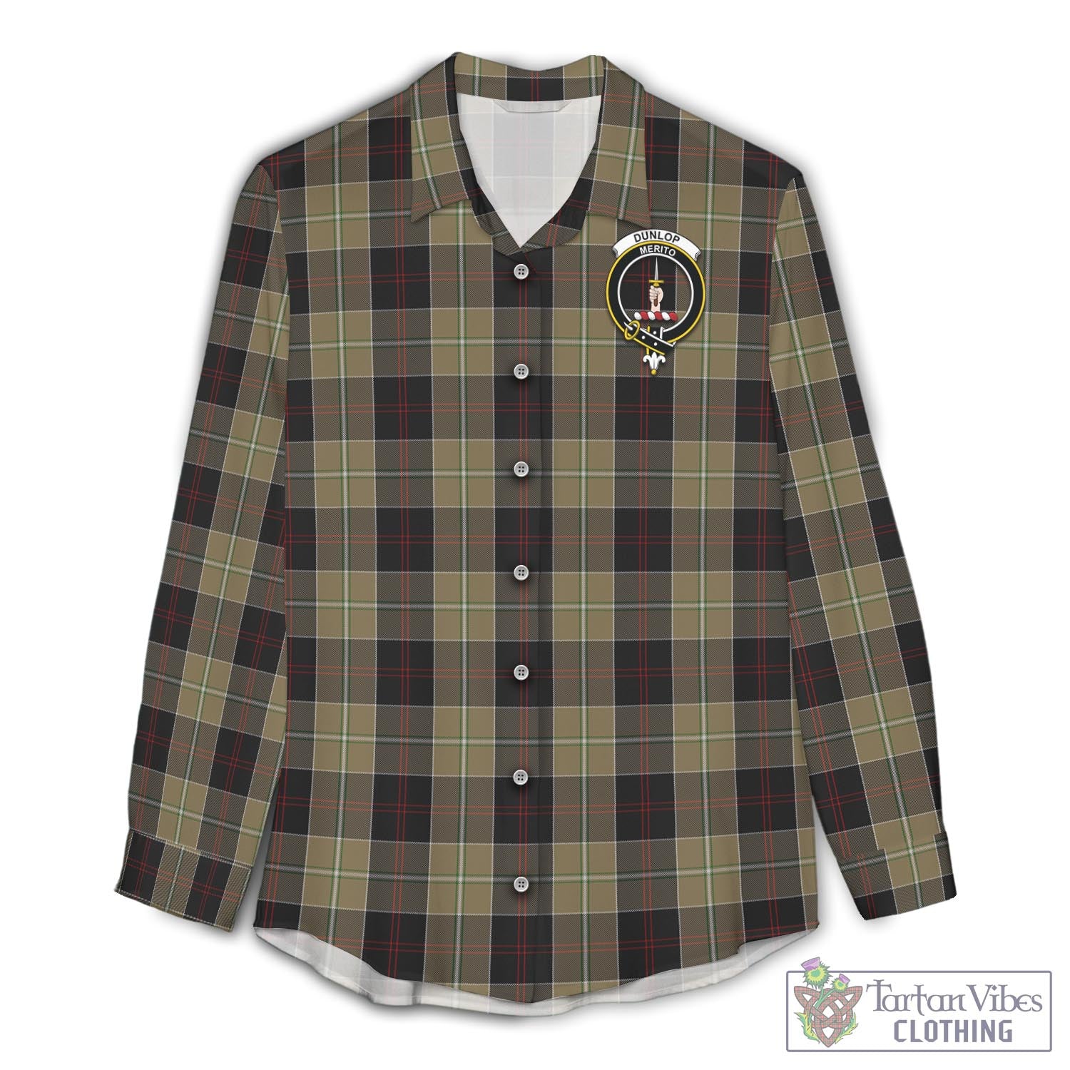 Tartan Vibes Clothing Dunlop Hunting Tartan Womens Casual Shirt with Family Crest