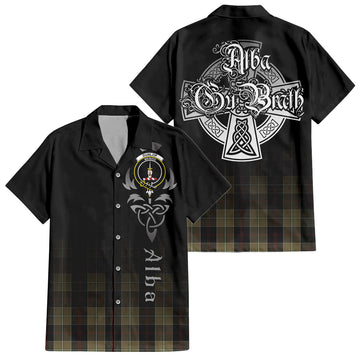 Dunlop Hunting Tartan Short Sleeve Button Up Shirt Featuring Alba Gu Brath Family Crest Celtic Inspired