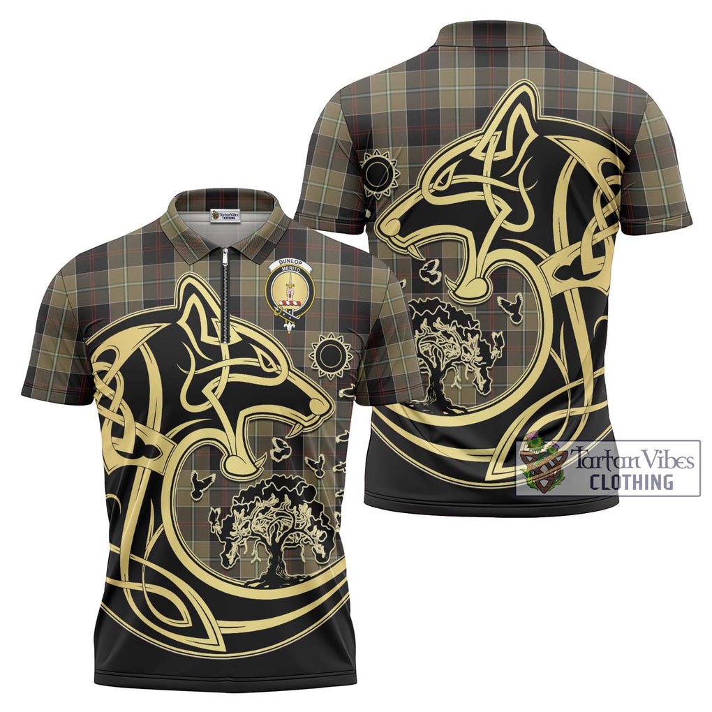 Dunlop Hunting Tartan Zipper Polo Shirt with Family Crest Celtic Wolf Style Unisex - Tartanvibesclothing Shop