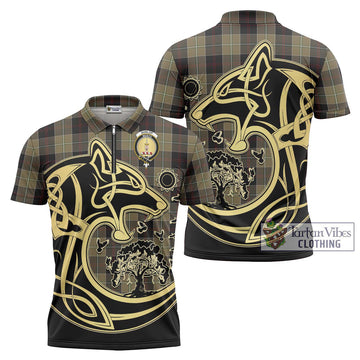 Dunlop Hunting Tartan Zipper Polo Shirt with Family Crest Celtic Wolf Style