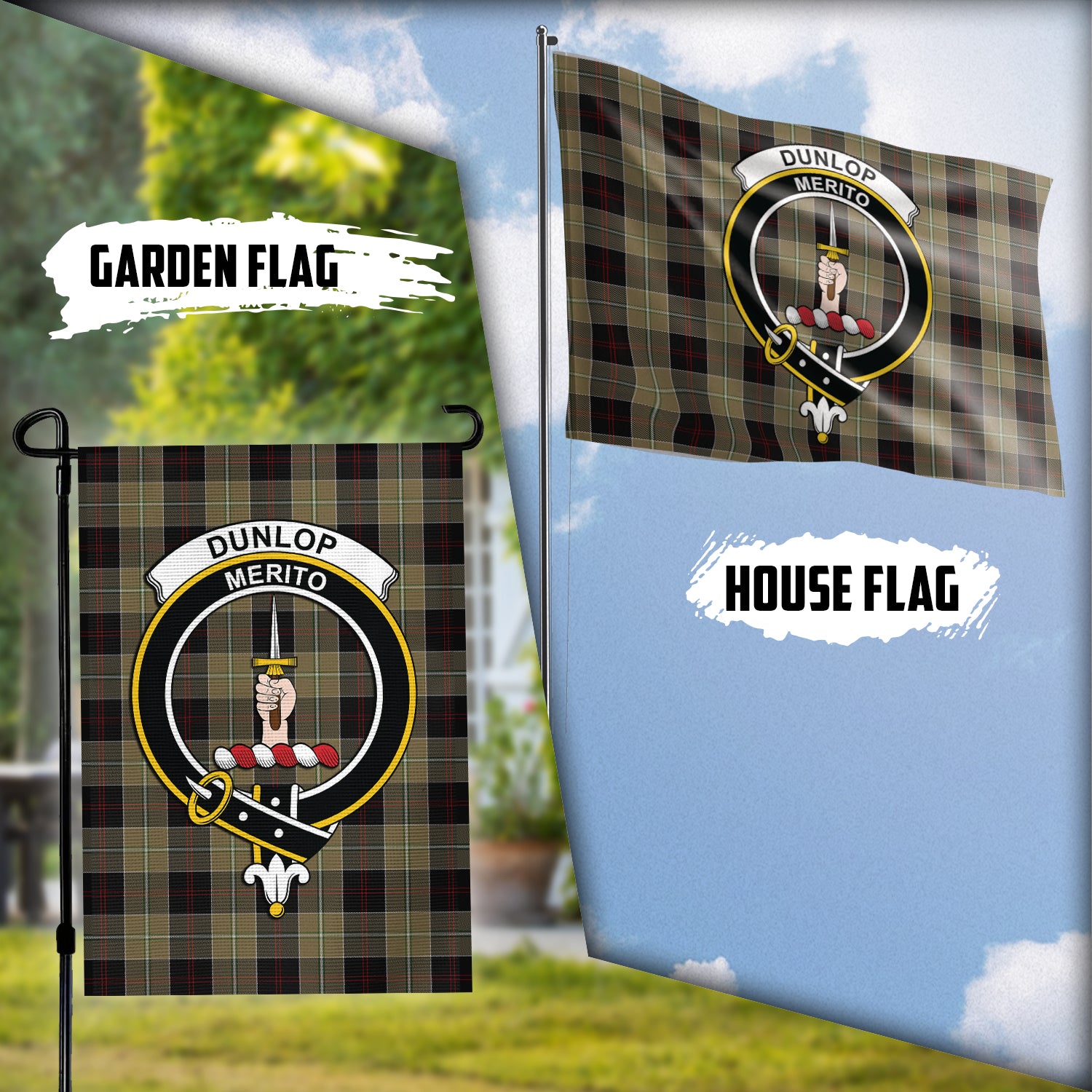 Dunlop Hunting Tartan Flag with Family Crest Garden Flag (Vertical) - Tartan Vibes Clothing