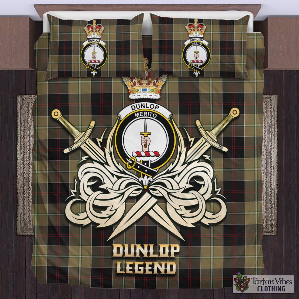 Tartan Vibes Clothing Dunlop Hunting Tartan Bedding Set with Clan Crest and the Golden Sword of Courageous Legacy