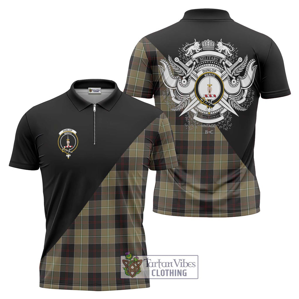 Dunlop Hunting Tartan Zipper Polo Shirt with Family Crest and Military Logo Style Unisex - Tartanvibesclothing Shop