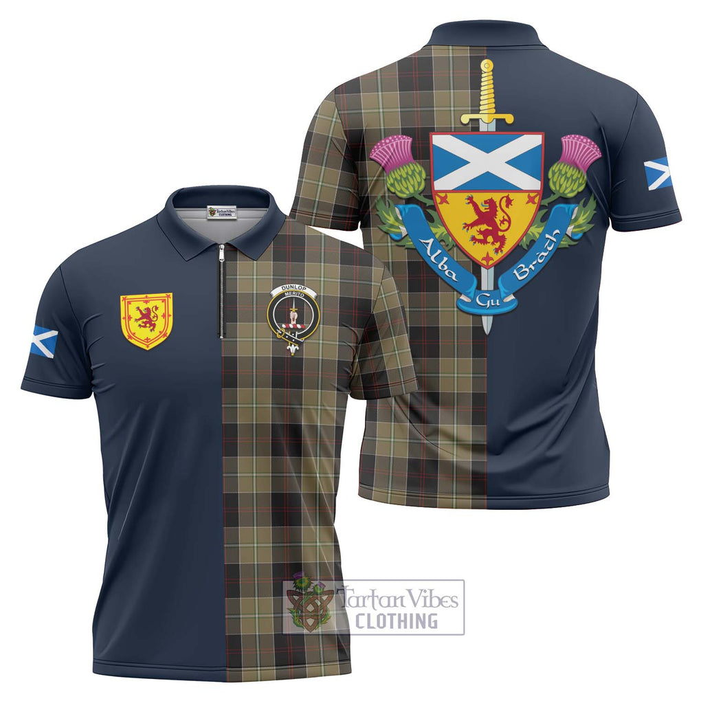 Tartan Vibes Clothing Dunlop Hunting Tartan Zipper Polo Shirt with Scottish Lion Royal Arm Half Style