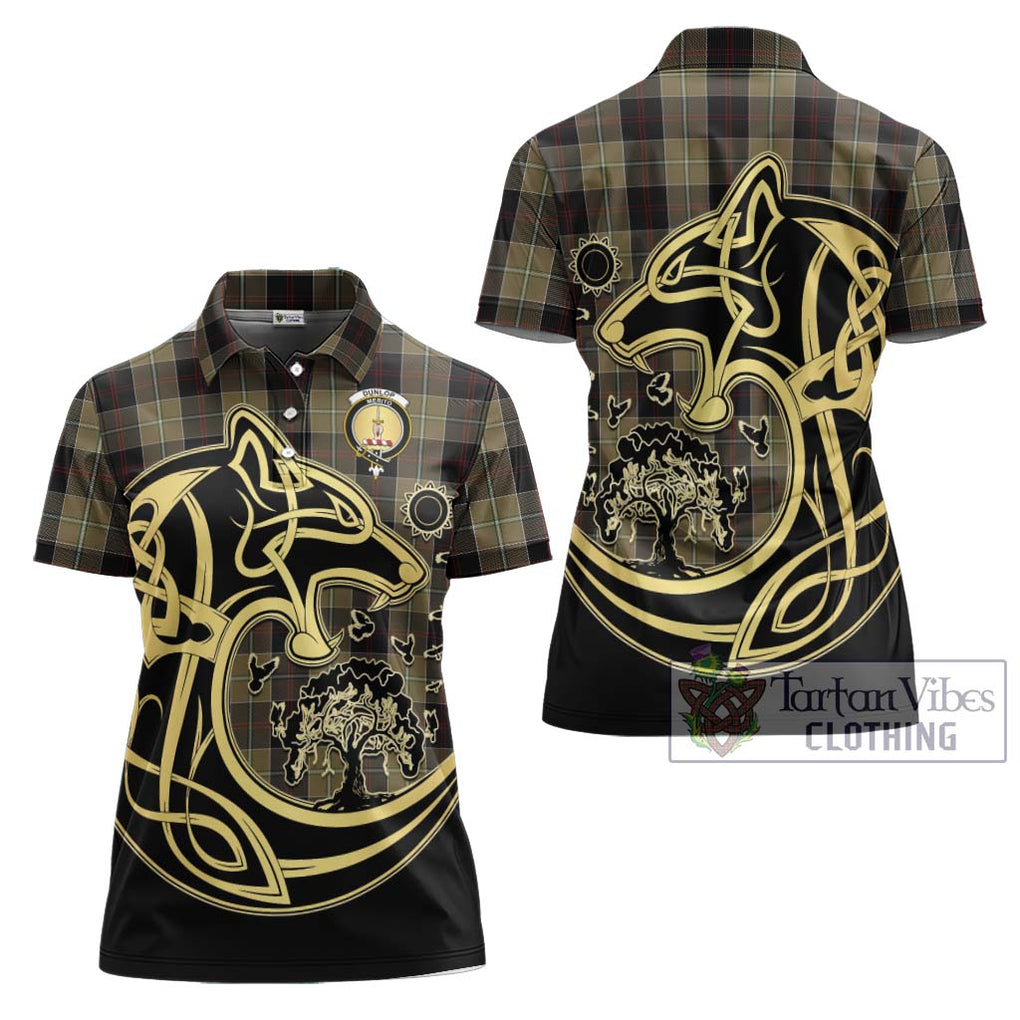 Dunlop Hunting Tartan Women's Polo Shirt with Family Crest Celtic Wolf Style Women - Tartanvibesclothing Shop