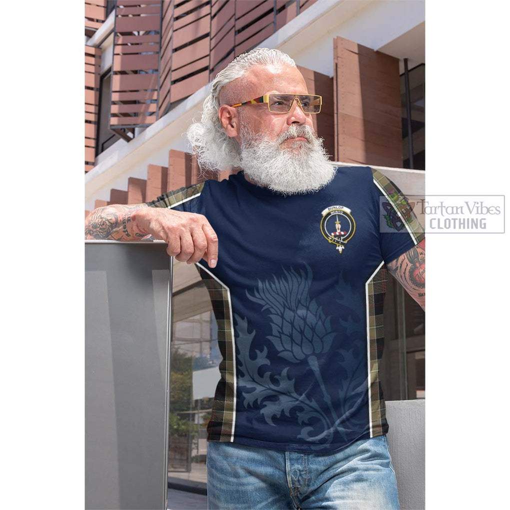 Tartan Vibes Clothing Dunlop Hunting Tartan Cotton T-shirt with Family Crest and Scottish Thistle Vibes Sport Style