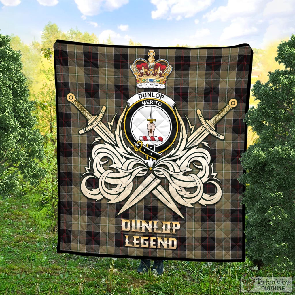 Tartan Vibes Clothing Dunlop Hunting Tartan Quilt with Clan Crest and the Golden Sword of Courageous Legacy