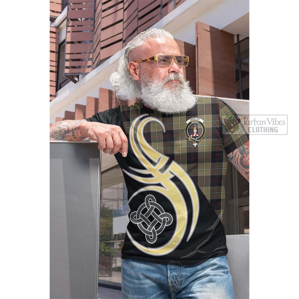 Tartan Vibes Clothing Dunlop Hunting Tartan Cotton T-shirt with Family Crest and Celtic Symbol Style