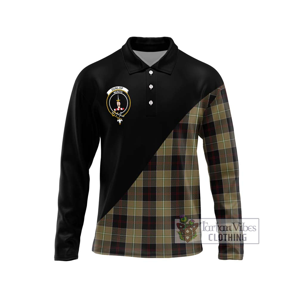 Dunlop Hunting Tartan Long Sleeve Polo Shirt with Family Crest and Military Logo Style Unisex - Tartanvibesclothing Shop