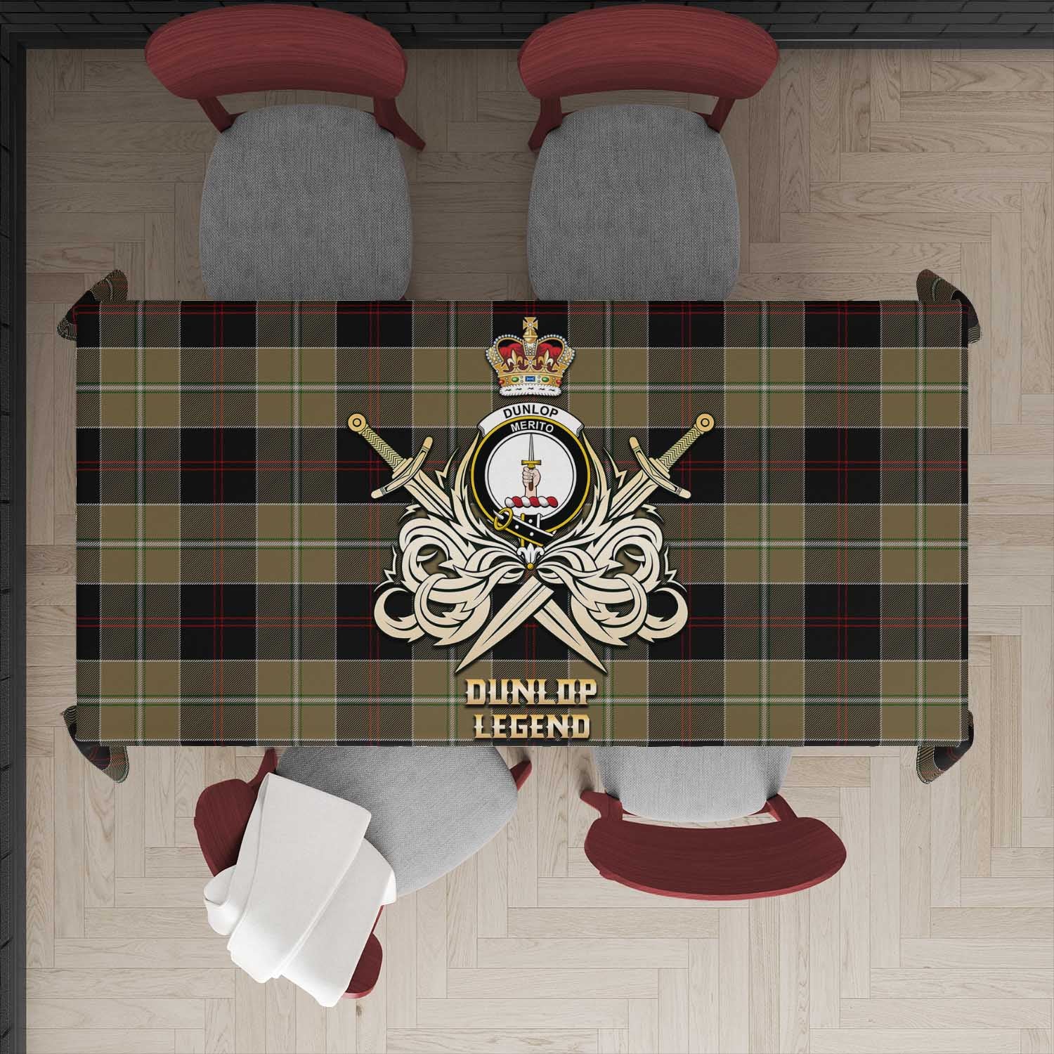 Tartan Vibes Clothing Dunlop Hunting Tartan Tablecloth with Clan Crest and the Golden Sword of Courageous Legacy