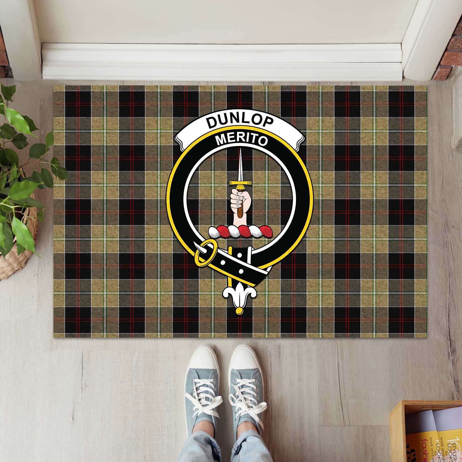 Dunlop Hunting Tartan Door Mat with Family Crest - Tartanvibesclothing