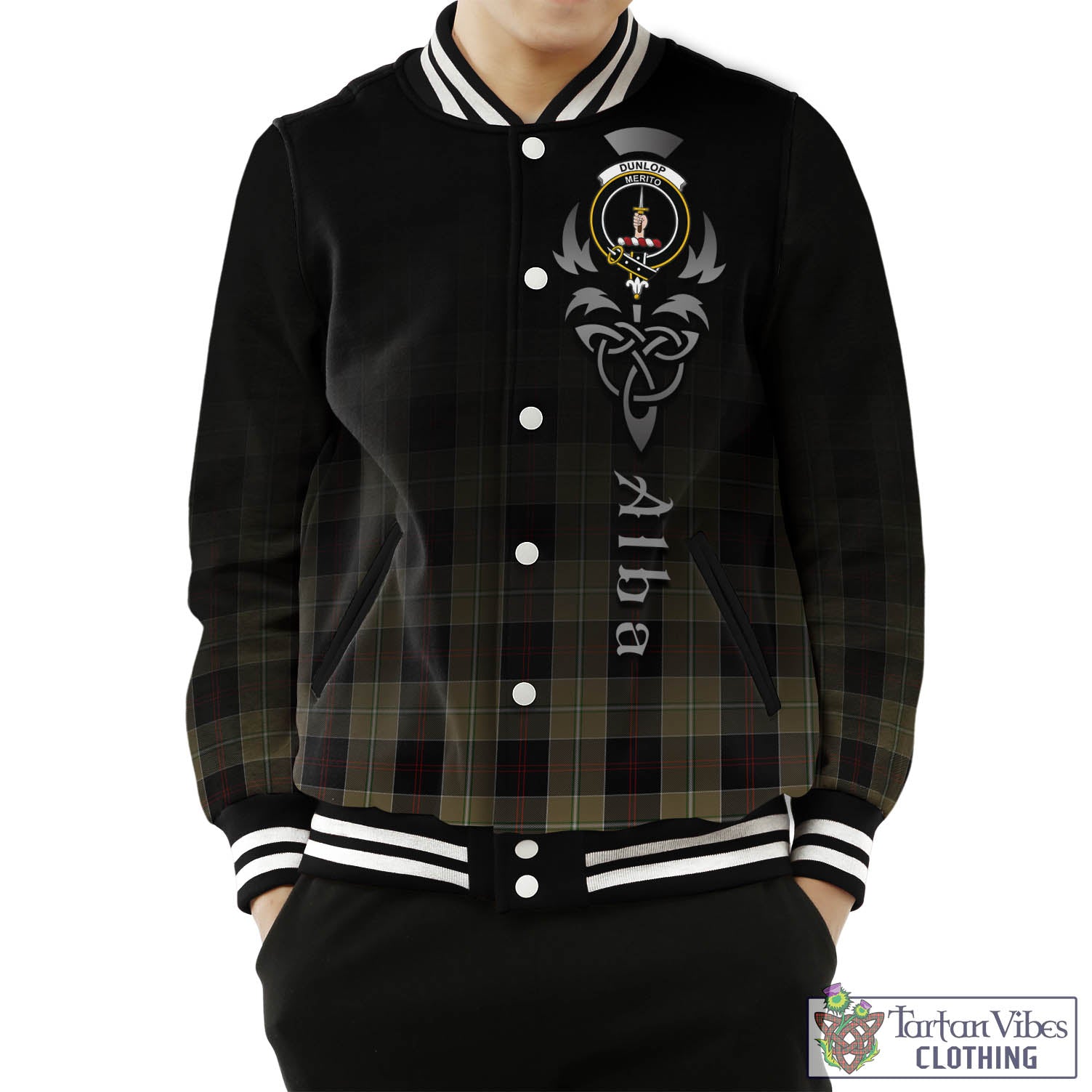 Tartan Vibes Clothing Dunlop Hunting Tartan Baseball Jacket Featuring Alba Gu Brath Family Crest Celtic Inspired