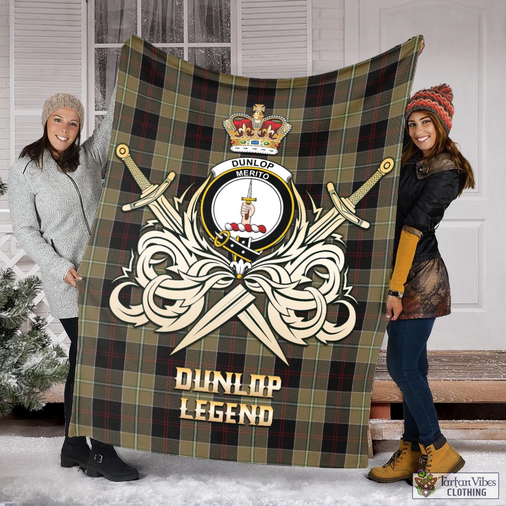 Tartan Vibes Clothing Dunlop Hunting Tartan Blanket with Clan Crest and the Golden Sword of Courageous Legacy