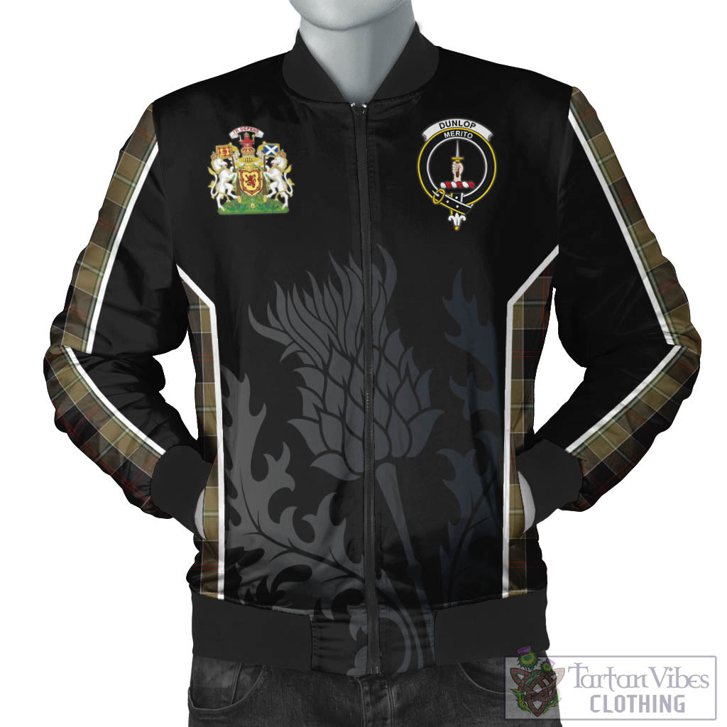 Tartan Vibes Clothing Dunlop Hunting Tartan Bomber Jacket with Family Crest and Scottish Thistle Vibes Sport Style