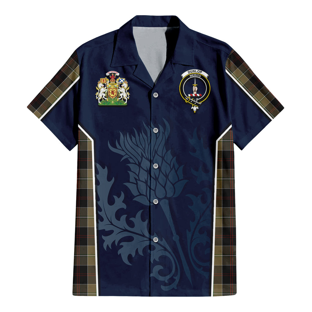 Tartan Vibes Clothing Dunlop Hunting Tartan Short Sleeve Button Up Shirt with Family Crest and Scottish Thistle Vibes Sport Style