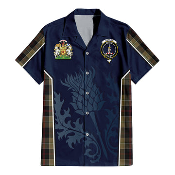 Dunlop Hunting Tartan Short Sleeve Button Up Shirt with Family Crest and Scottish Thistle Vibes Sport Style