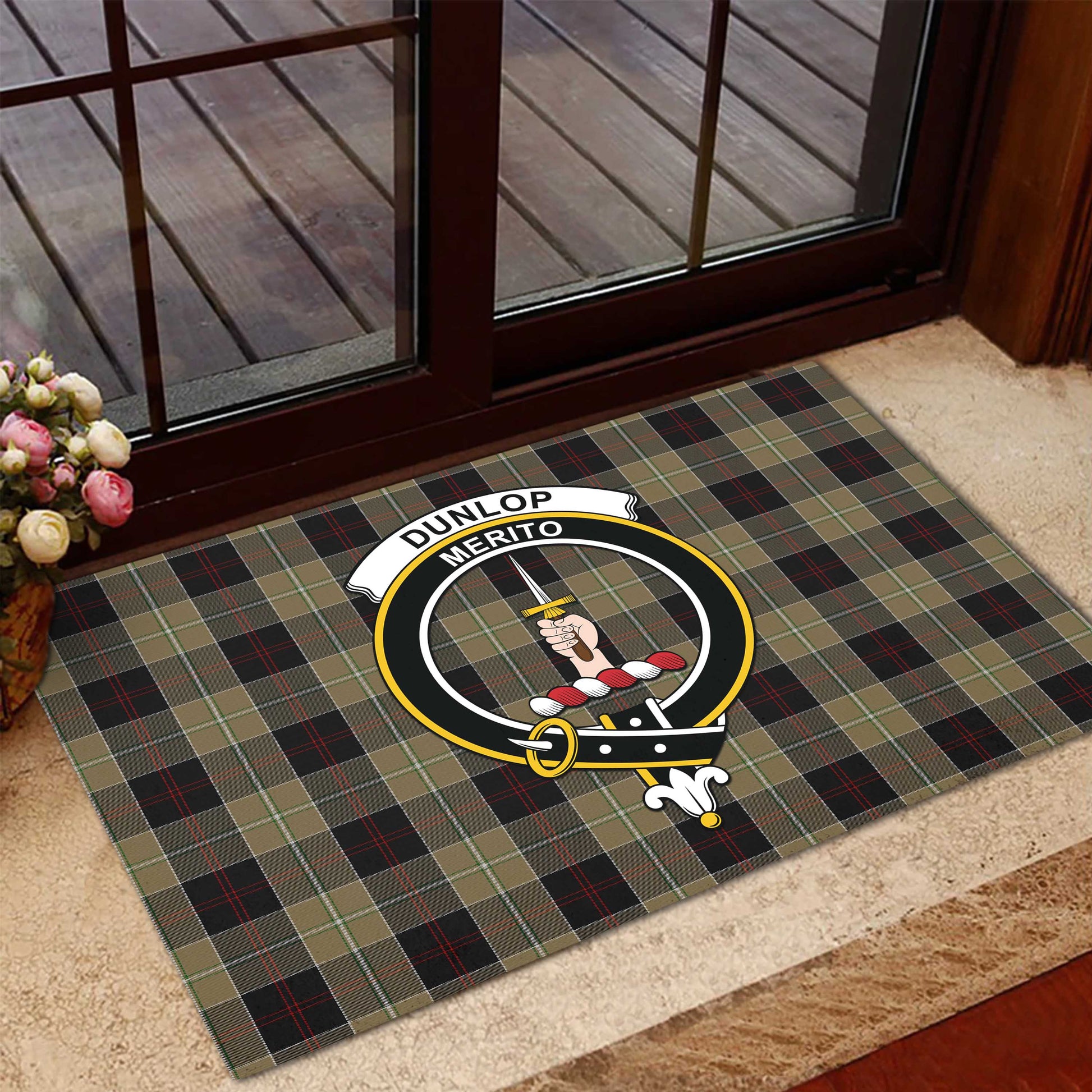 Dunlop Hunting Tartan Door Mat with Family Crest - Tartanvibesclothing