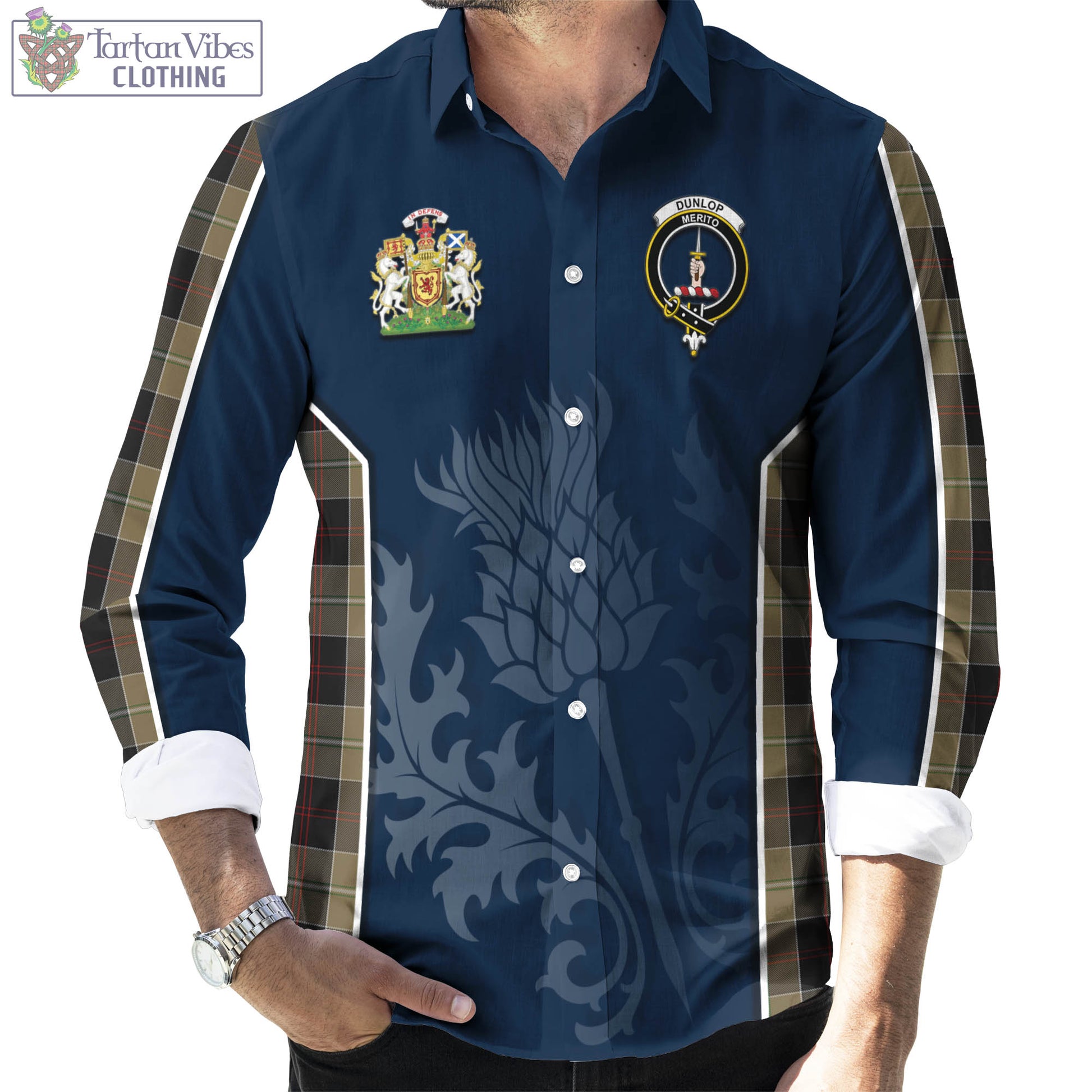 Tartan Vibes Clothing Dunlop Hunting Tartan Long Sleeve Button Up Shirt with Family Crest and Scottish Thistle Vibes Sport Style