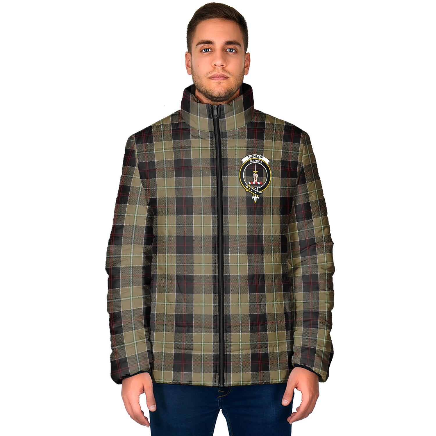 Dunlop Hunting Tartan Padded Jacket with Family Crest - Tartanvibesclothing