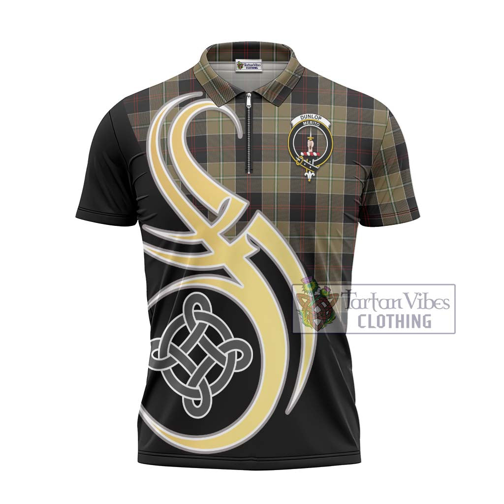 Tartan Vibes Clothing Dunlop Hunting Tartan Zipper Polo Shirt with Family Crest and Celtic Symbol Style