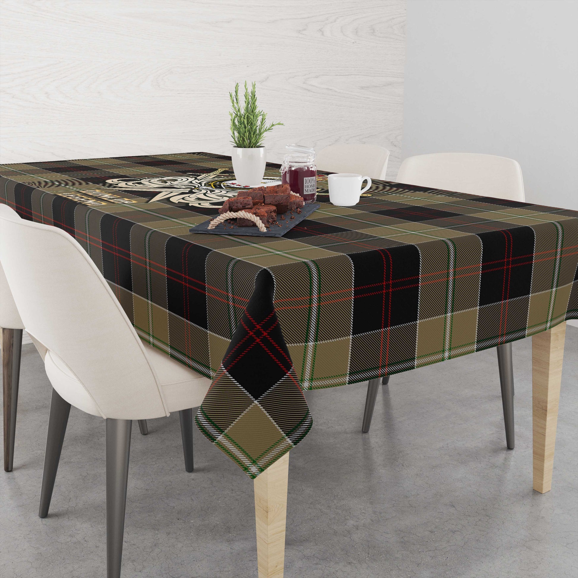 Tartan Vibes Clothing Dunlop Hunting Tartan Tablecloth with Clan Crest and the Golden Sword of Courageous Legacy