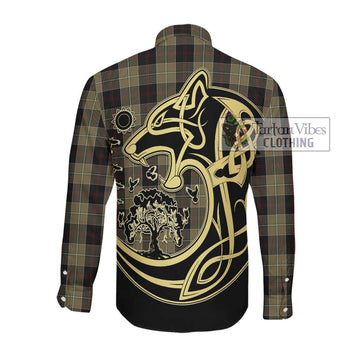 Dunlop Hunting Tartan Long Sleeve Button Shirt with Family Crest Celtic Wolf Style