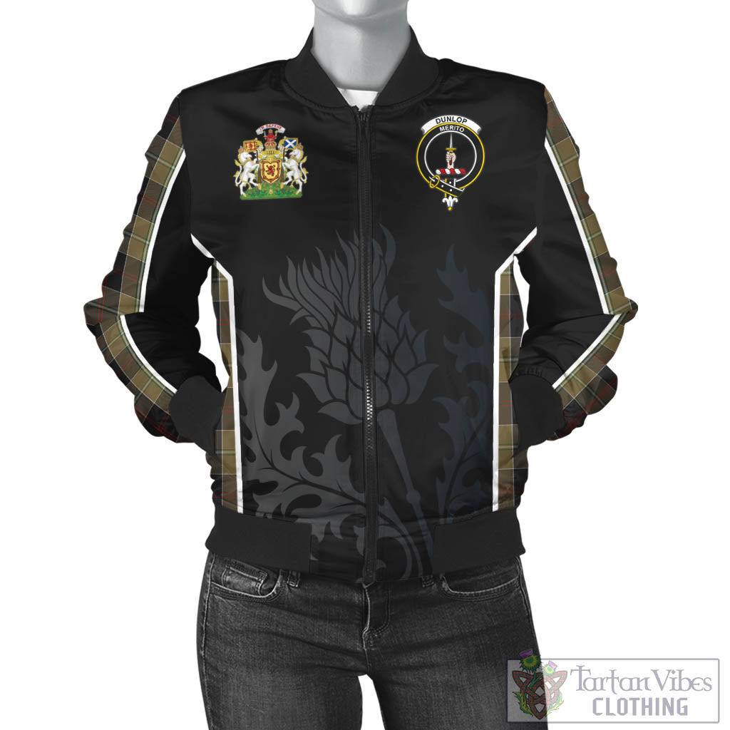 Tartan Vibes Clothing Dunlop Hunting Tartan Bomber Jacket with Family Crest and Scottish Thistle Vibes Sport Style